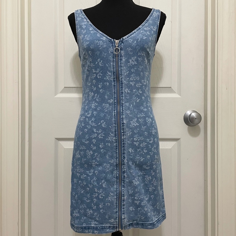 No Boundaries Sleeveless Denim Mini Dress Floral Full Zip Casual Blue‎ Jean XS